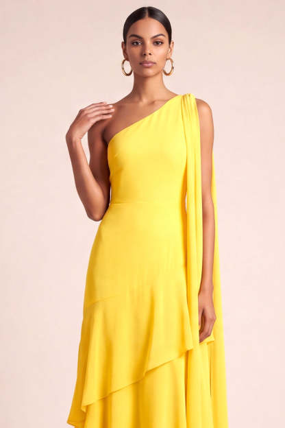 Yellow One Shoulder Tiered Maxi Bridesmaid Dress