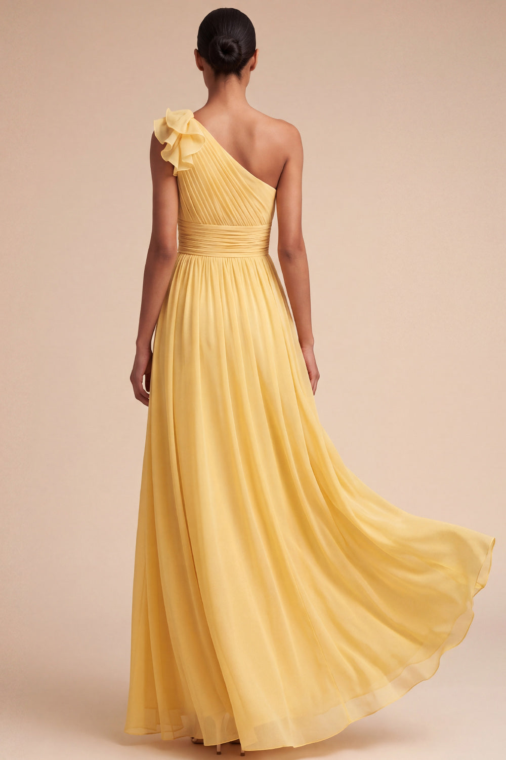 One Shoulder A Line Yellow Pleated Long Bridesmaid Dress