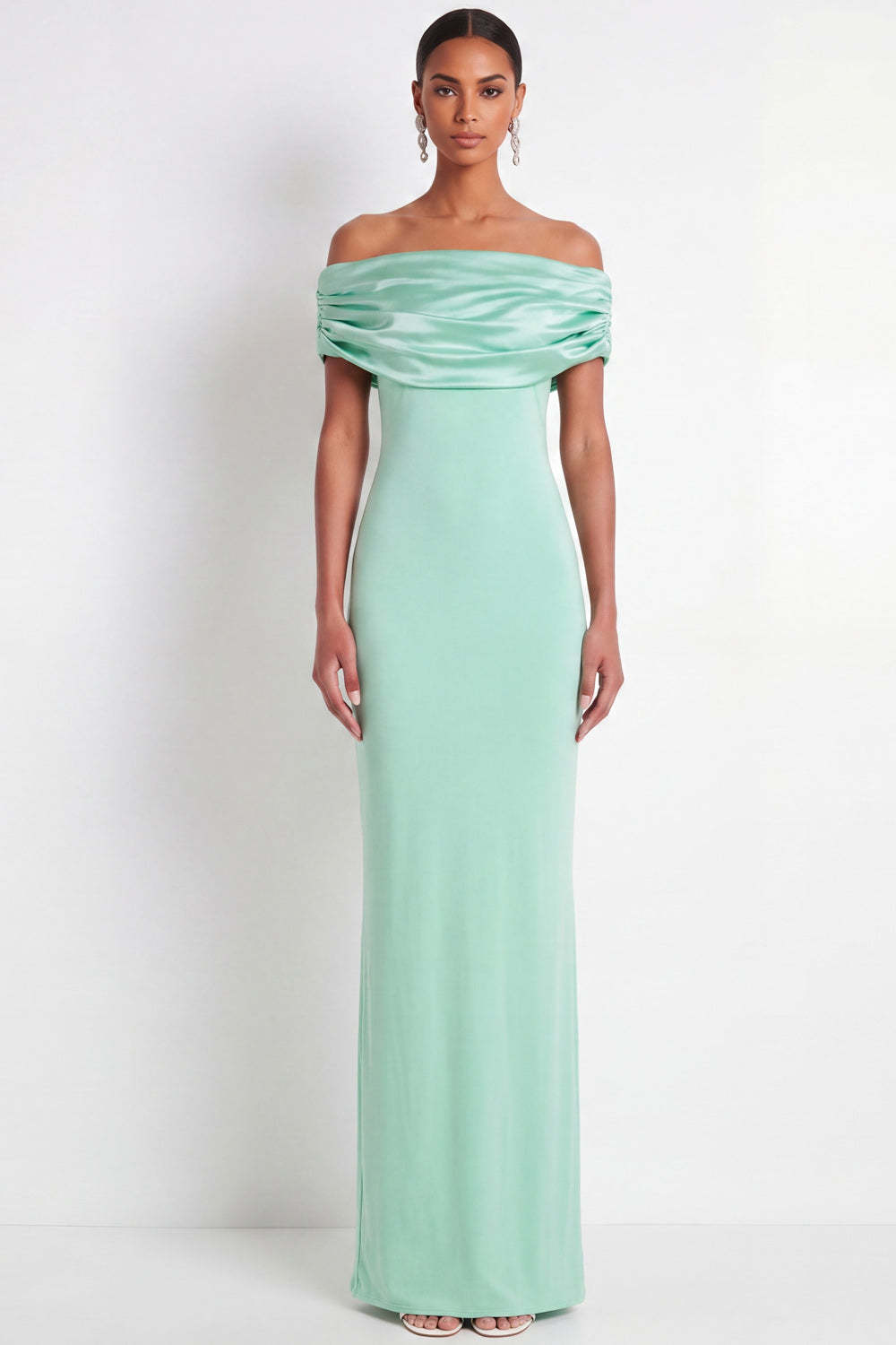 Leely Women Sheath Mint Green Off the Shoulder Long Bridesmaid Dress Backless Sleeveless Wedding Guest Dress