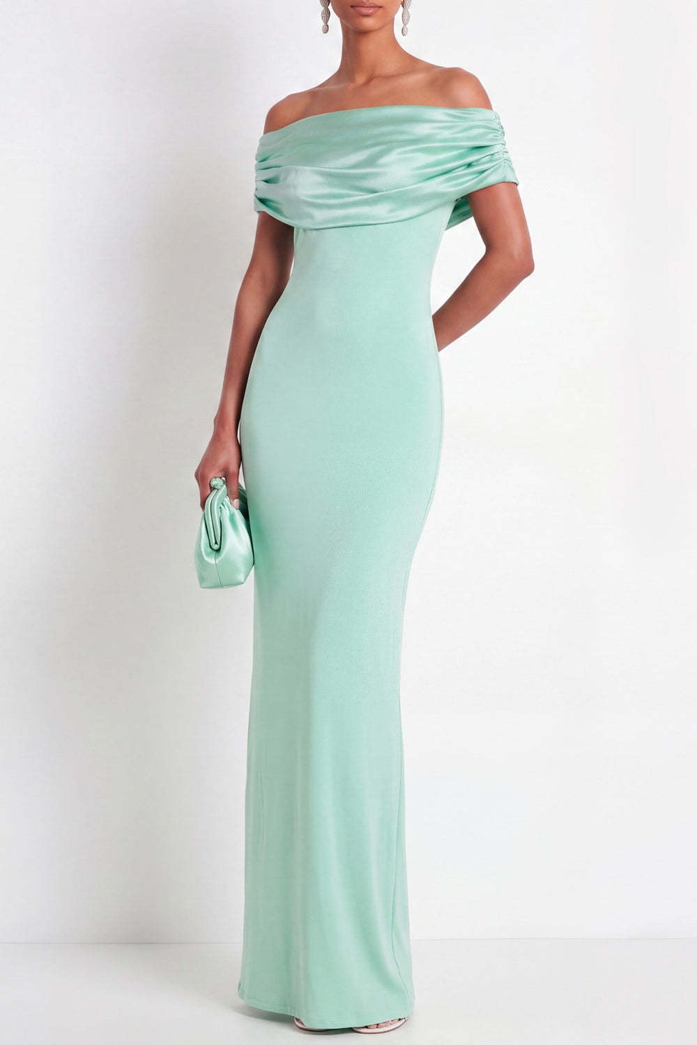 Sheath Mint Green Off the Shoulder Long Bridesmaid Dress