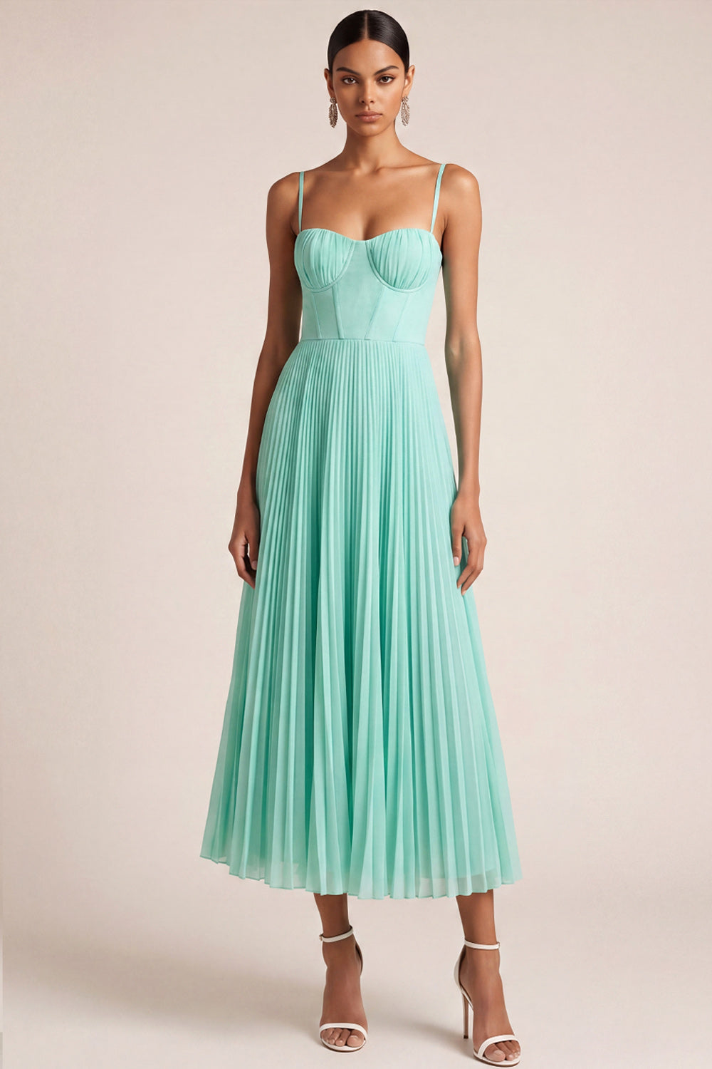Mint Green A Line Pleated Spaghetti Straps Long Bridesmaid Dress