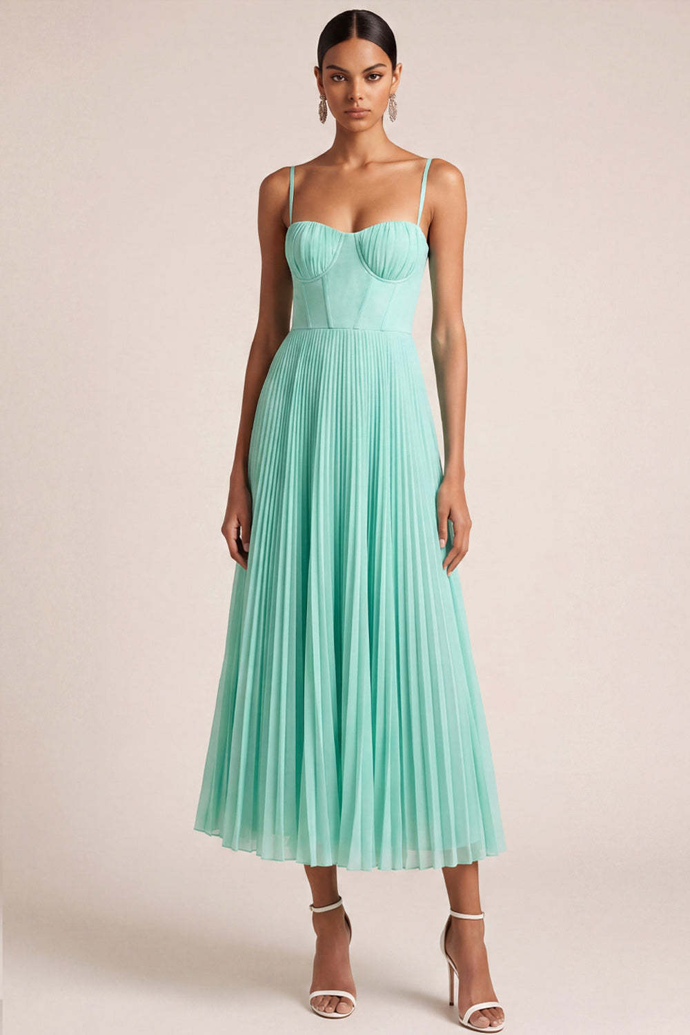 Leely Women Mint Green A Line Pleated Long Bridesmaid Dress Spaghetti Straps Backless Wedding Guest Dress