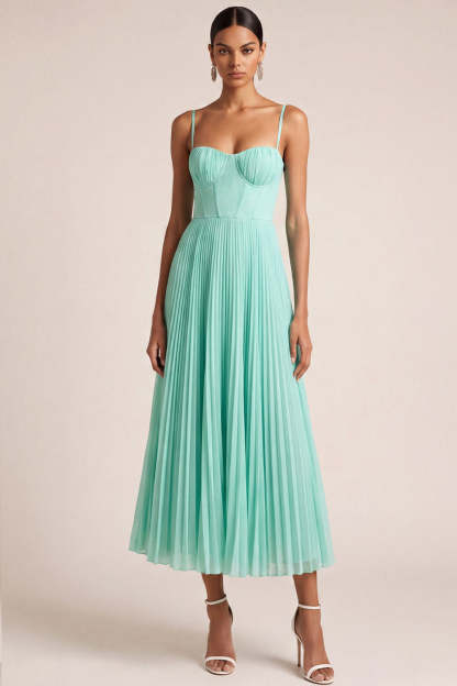 Leely Women Mint Green A Line Pleated Long Bridesmaid Dress Spaghetti Straps Backless Wedding Guest Dress