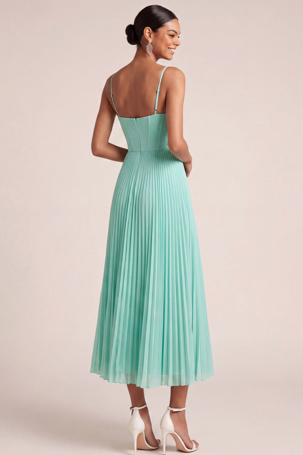 Mint Green A Line Pleated Spaghetti Straps Long Bridesmaid Dress