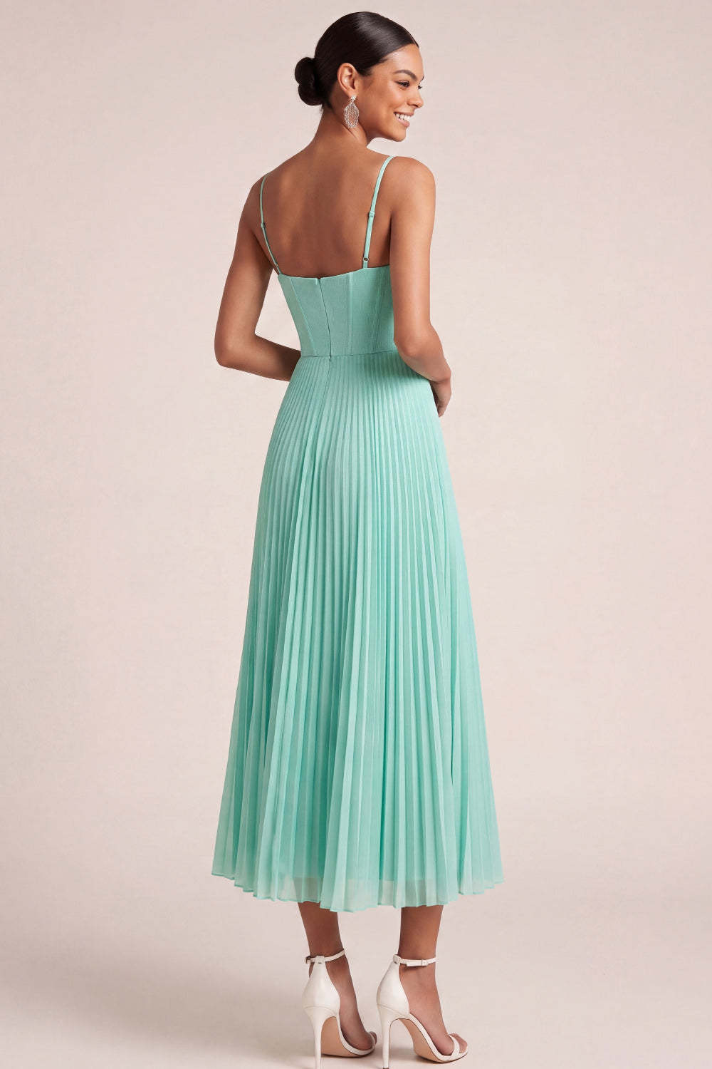 Mint Green A Line Pleated Spaghetti Straps Long Bridesmaid Dress