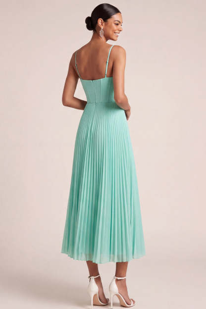 Mint Green A Line Pleated Spaghetti Straps Long Bridesmaid Dress