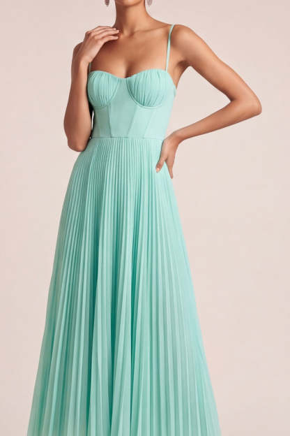 Mint Green A Line Pleated Spaghetti Straps Long Bridesmaid Dress