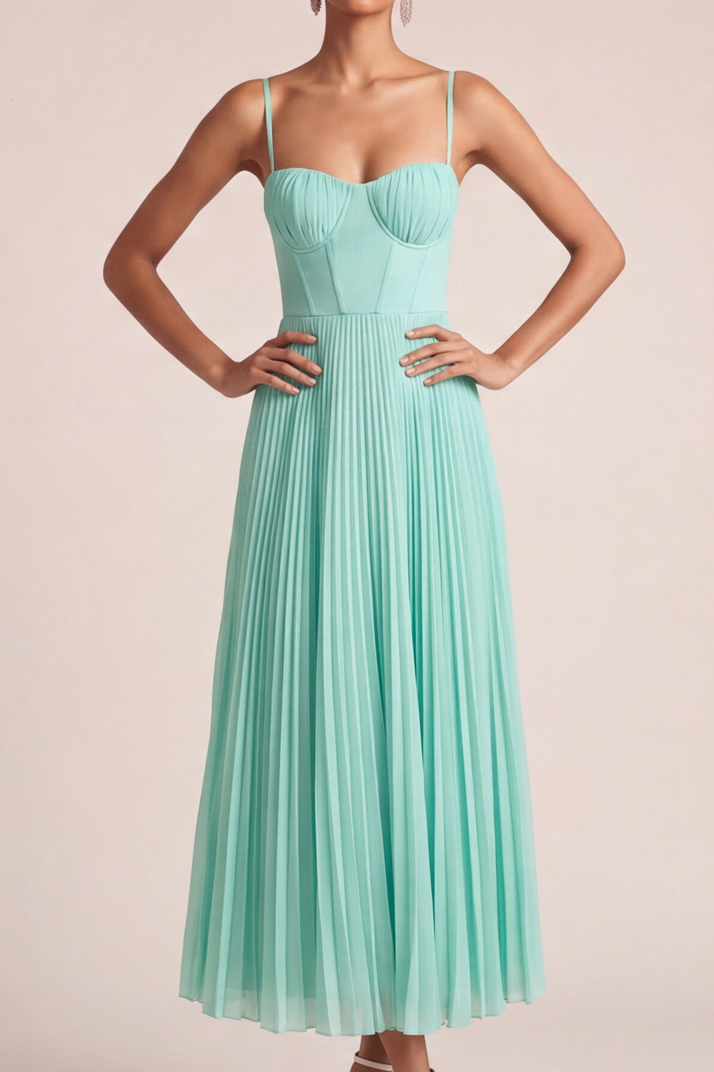 Mint Green A Line Pleated Spaghetti Straps Long Bridesmaid Dress
