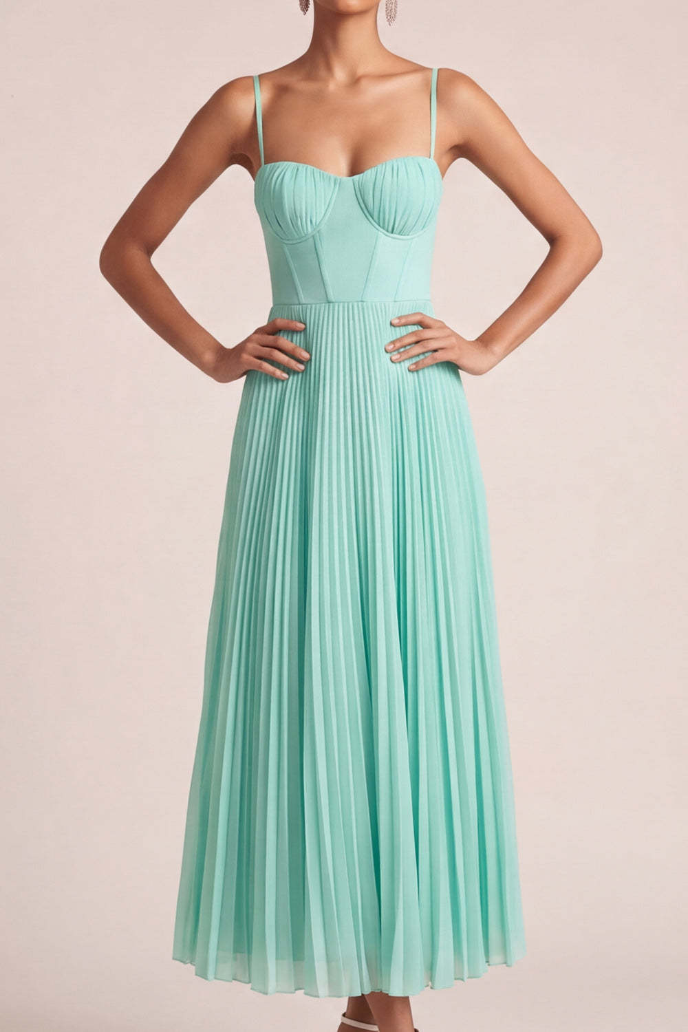 Mint Green A Line Pleated Spaghetti Straps Long Bridesmaid Dress