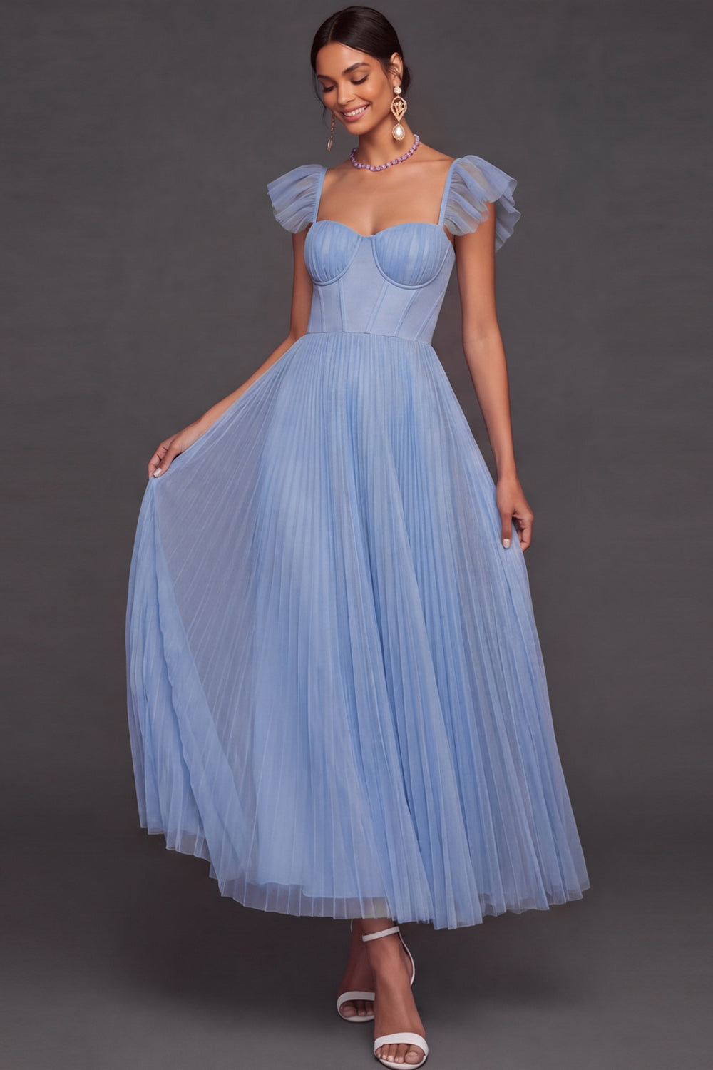 Leely Women Light Blue A Line Pleated Long Bridesmaid Dress Corset Sweetheart Wedding Guest Dress