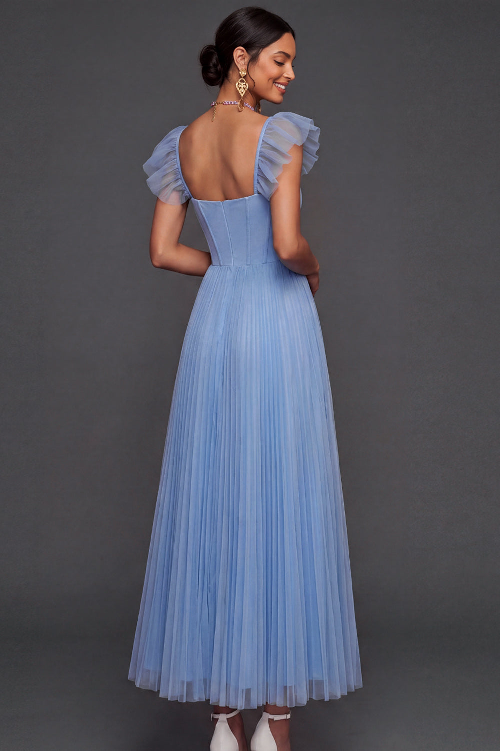Light Blue A Line Pleated Long Bridesmaid Dress
