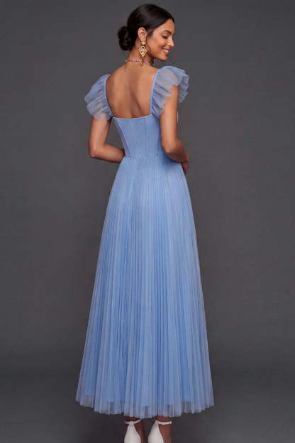 Light Blue A Line Pleated Long Bridesmaid Dress