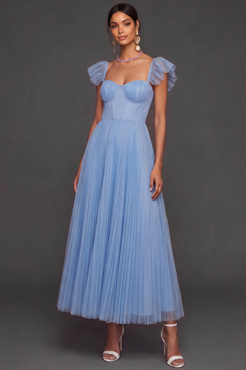 Light Blue A Line Pleated Long Bridesmaid Dress
