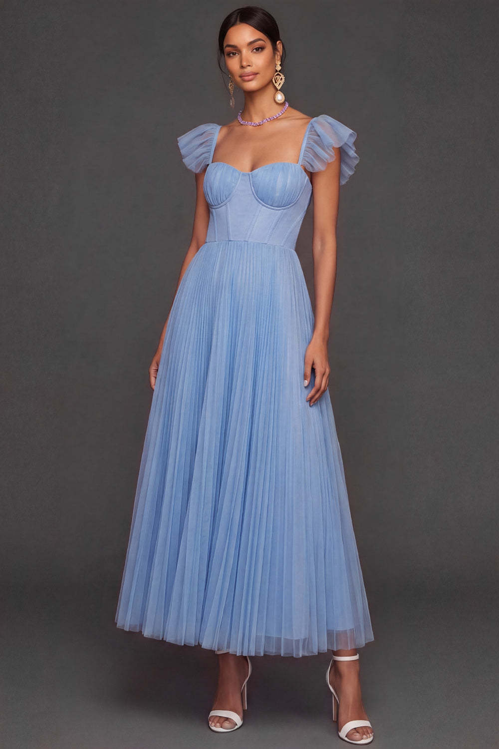Light Blue A Line Pleated Long Bridesmaid Dress
