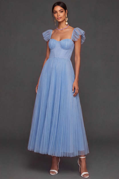 Light Blue A Line Pleated Long Bridesmaid Dress