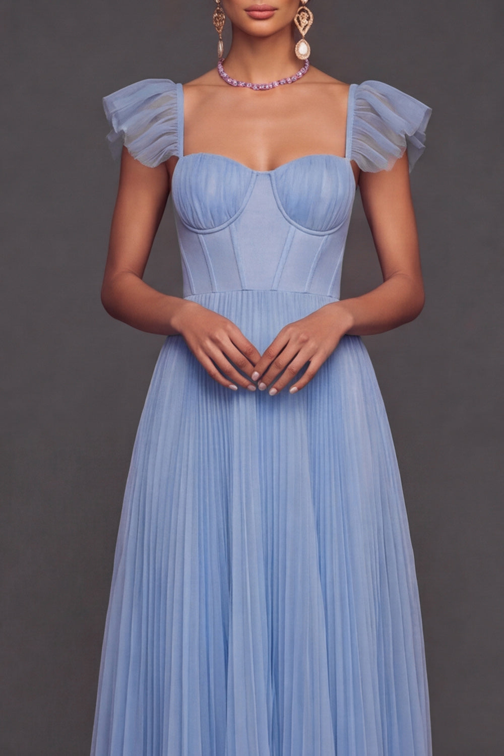 Light Blue A Line Pleated Long Bridesmaid Dress