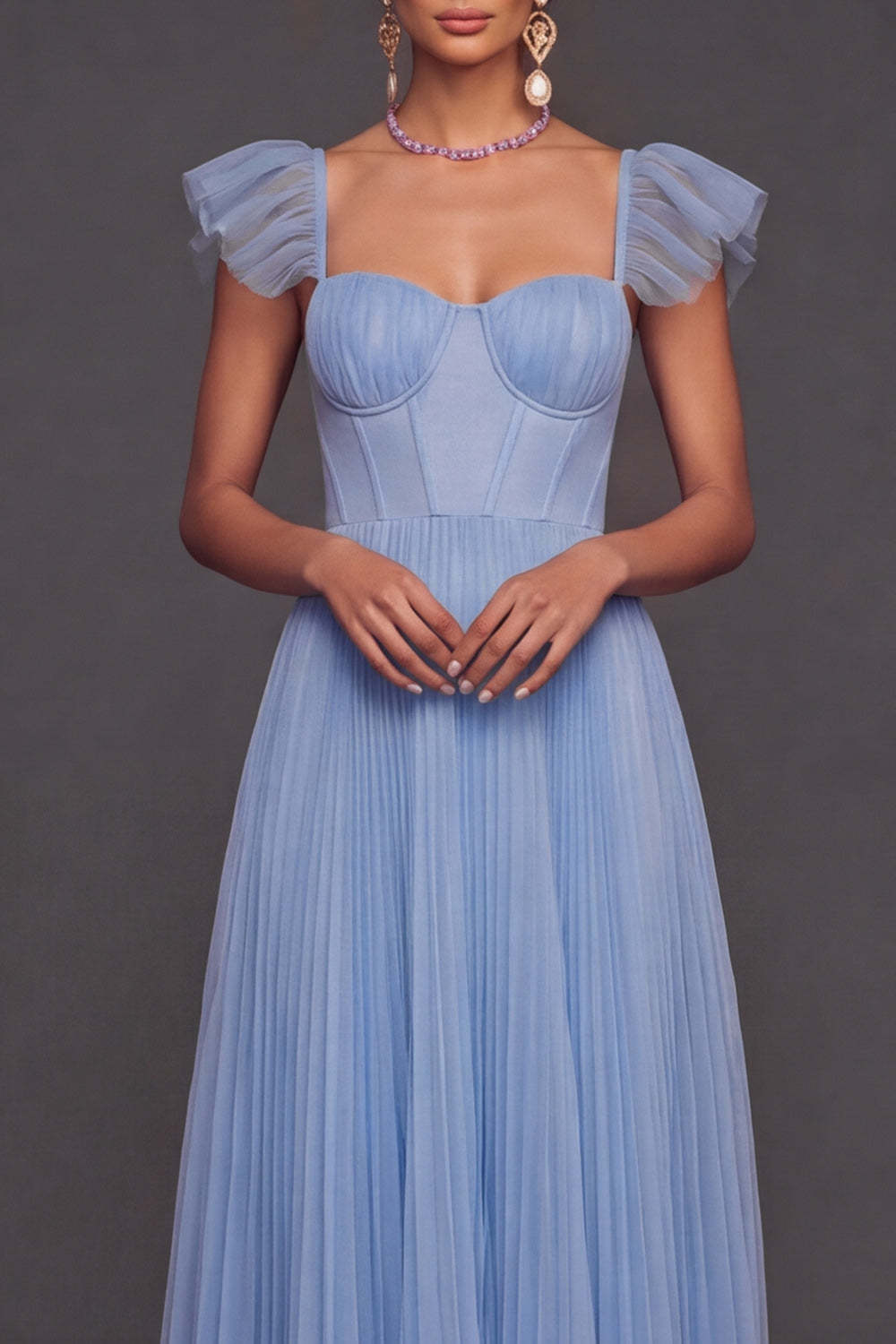 Light Blue A Line Pleated Long Bridesmaid Dress
