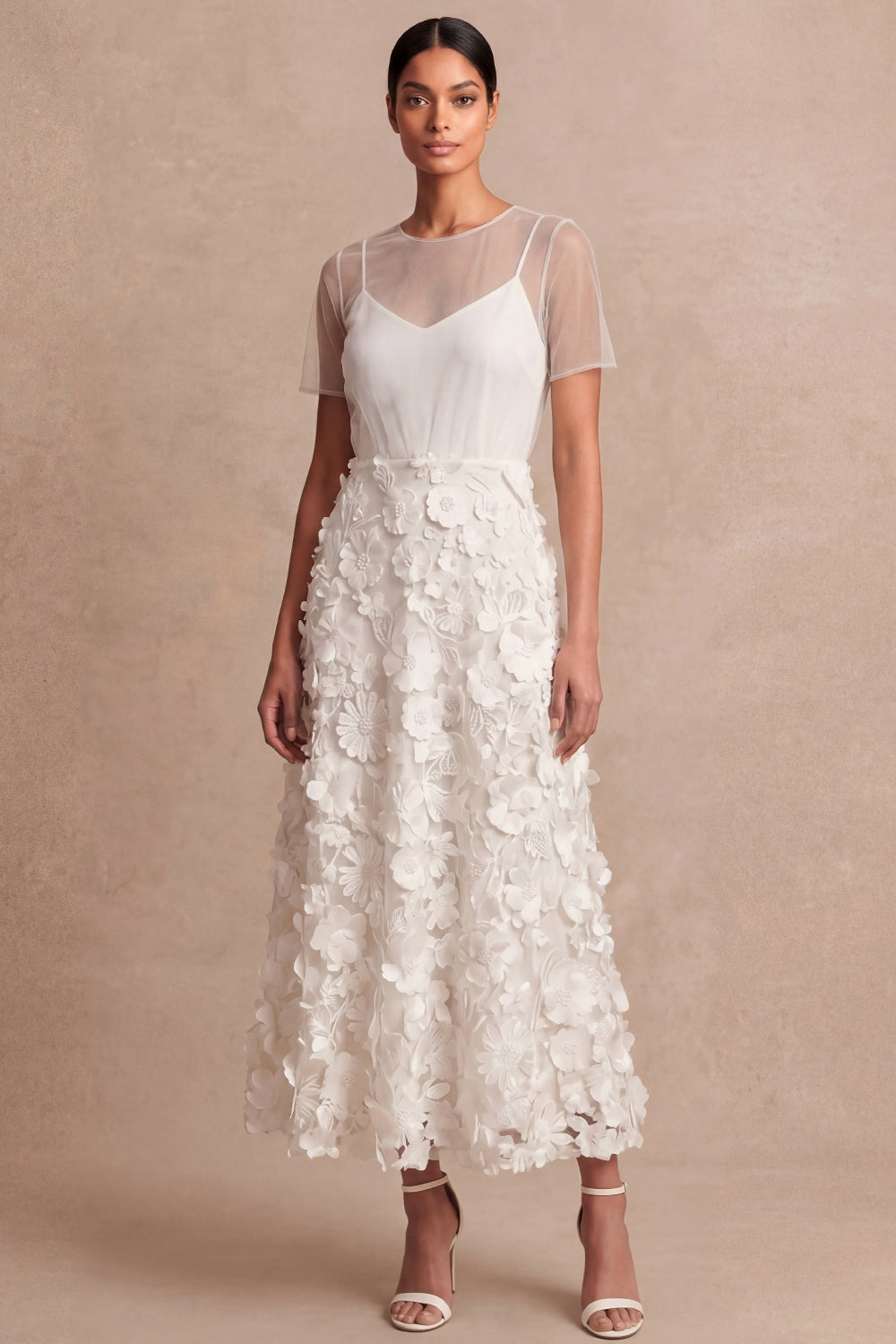 White Floral A Line Appliqued Midi Engagement Dress