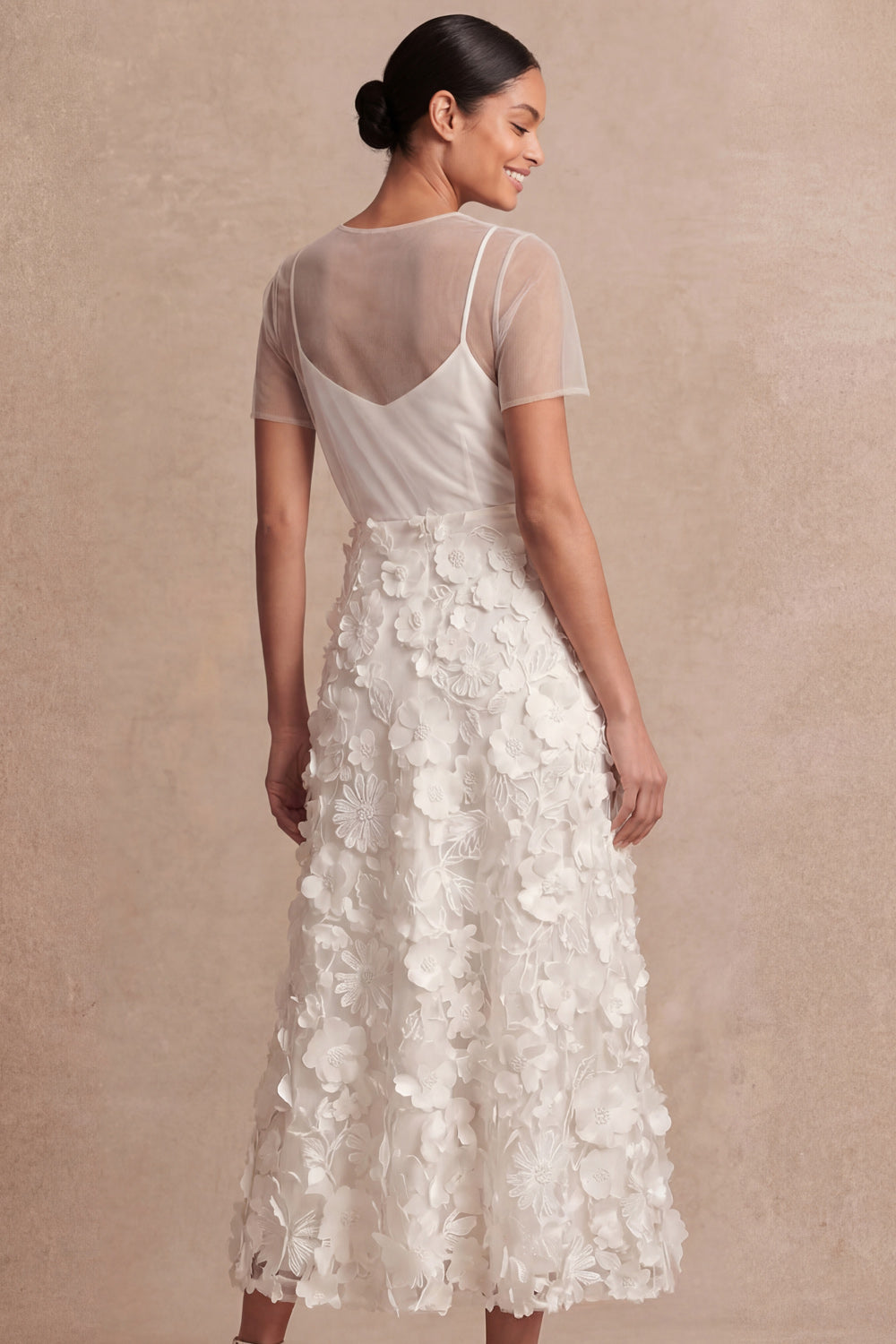 White Floral A Line Appliqued Midi Engagement Dress