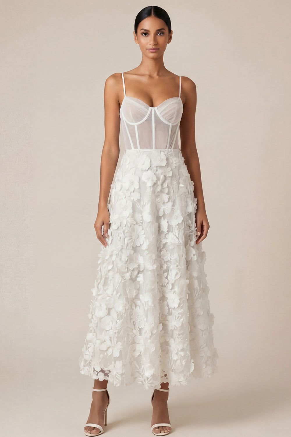 A Line Spaghetti Straps Corset White Appliqued Midi Engagement Dress