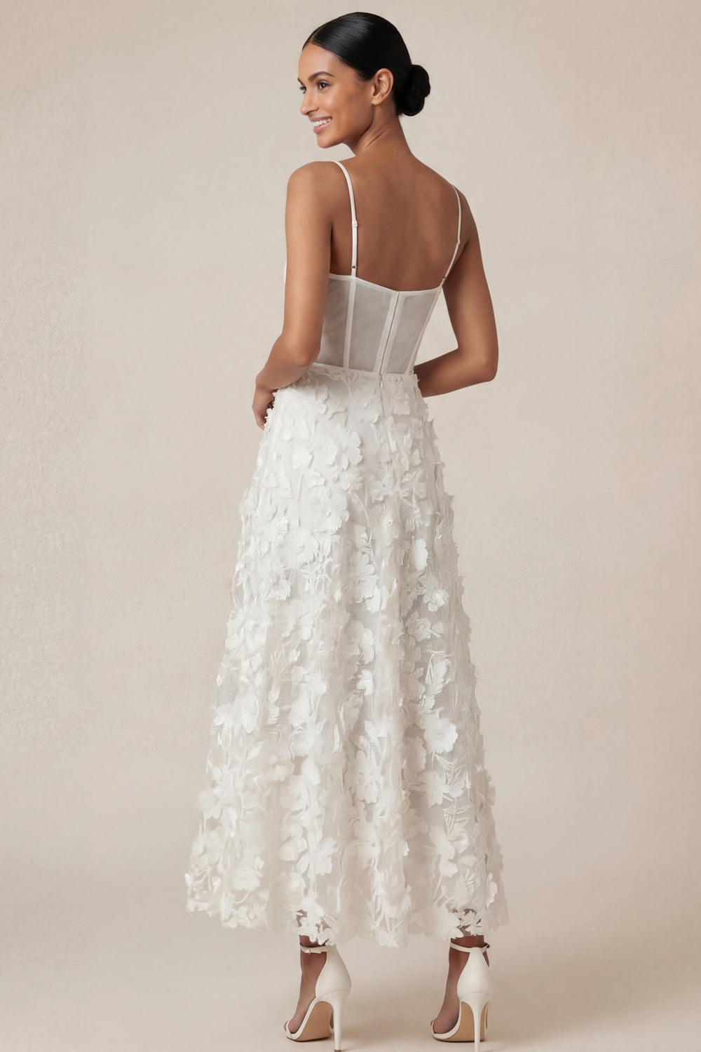 A Line Spaghetti Straps Corset White Appliqued Midi Engagement Dress