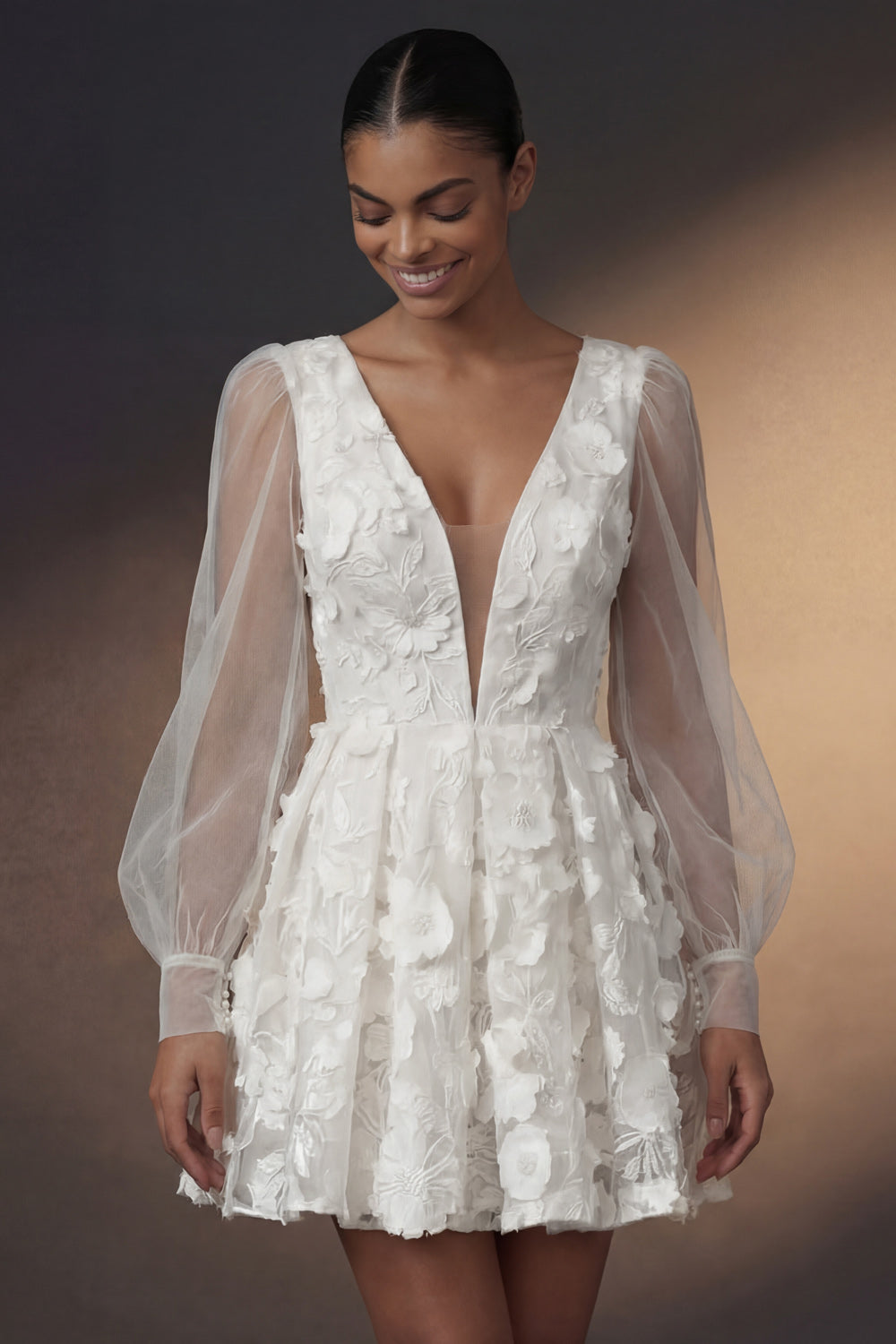 A Line Floral Appliqued V Neck Short Bridal Shower Dress