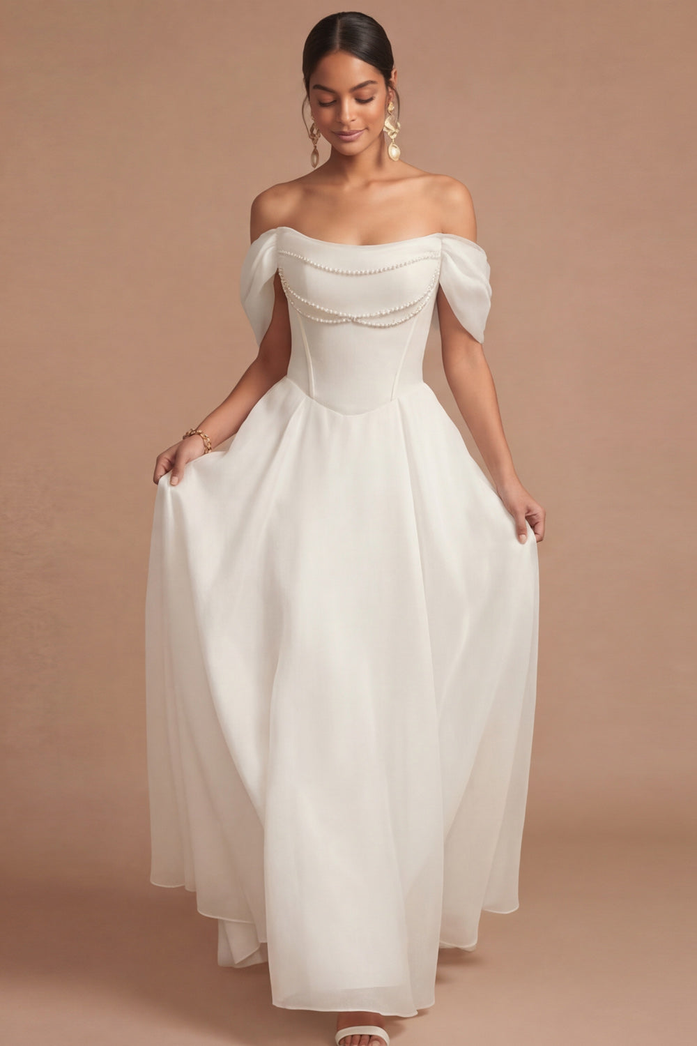 White Off the Shoulder Corset Basque Waist Long Engagement Dress