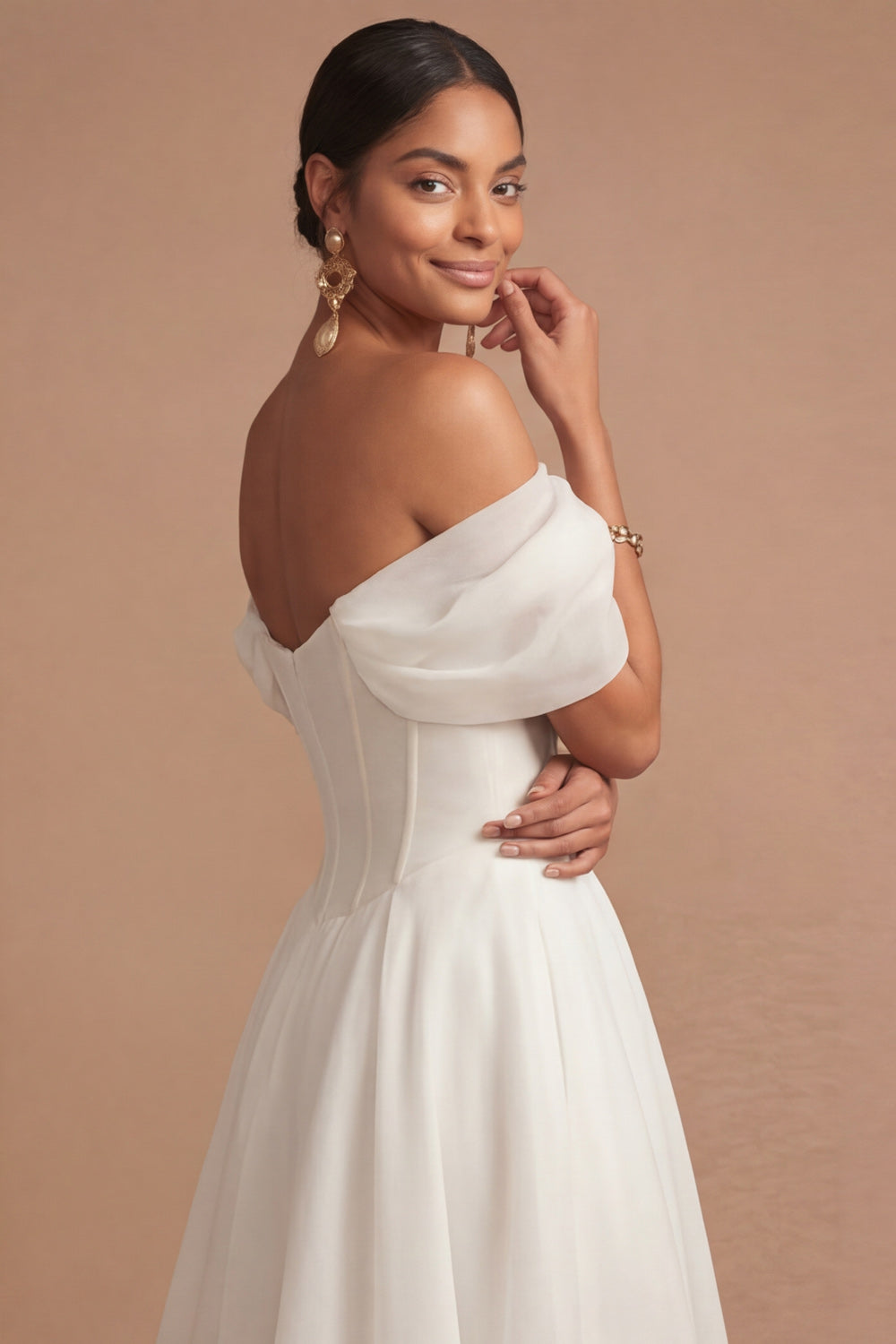 White Off the Shoulder Corset Basque Waist Long Engagement Dress