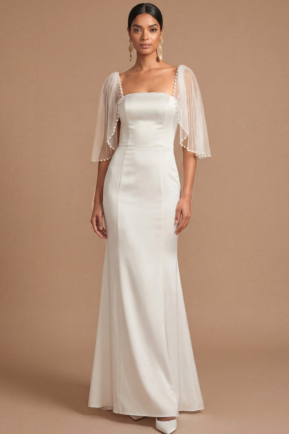 Satin Sheath White Spaghetti Straps Long Engagement Dress with Cape