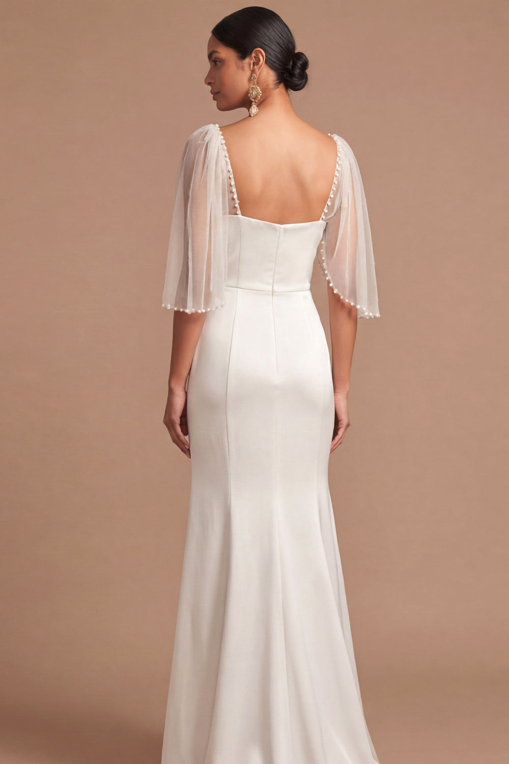 Satin Sheath White Spaghetti Straps Long Engagement Dress with Cape