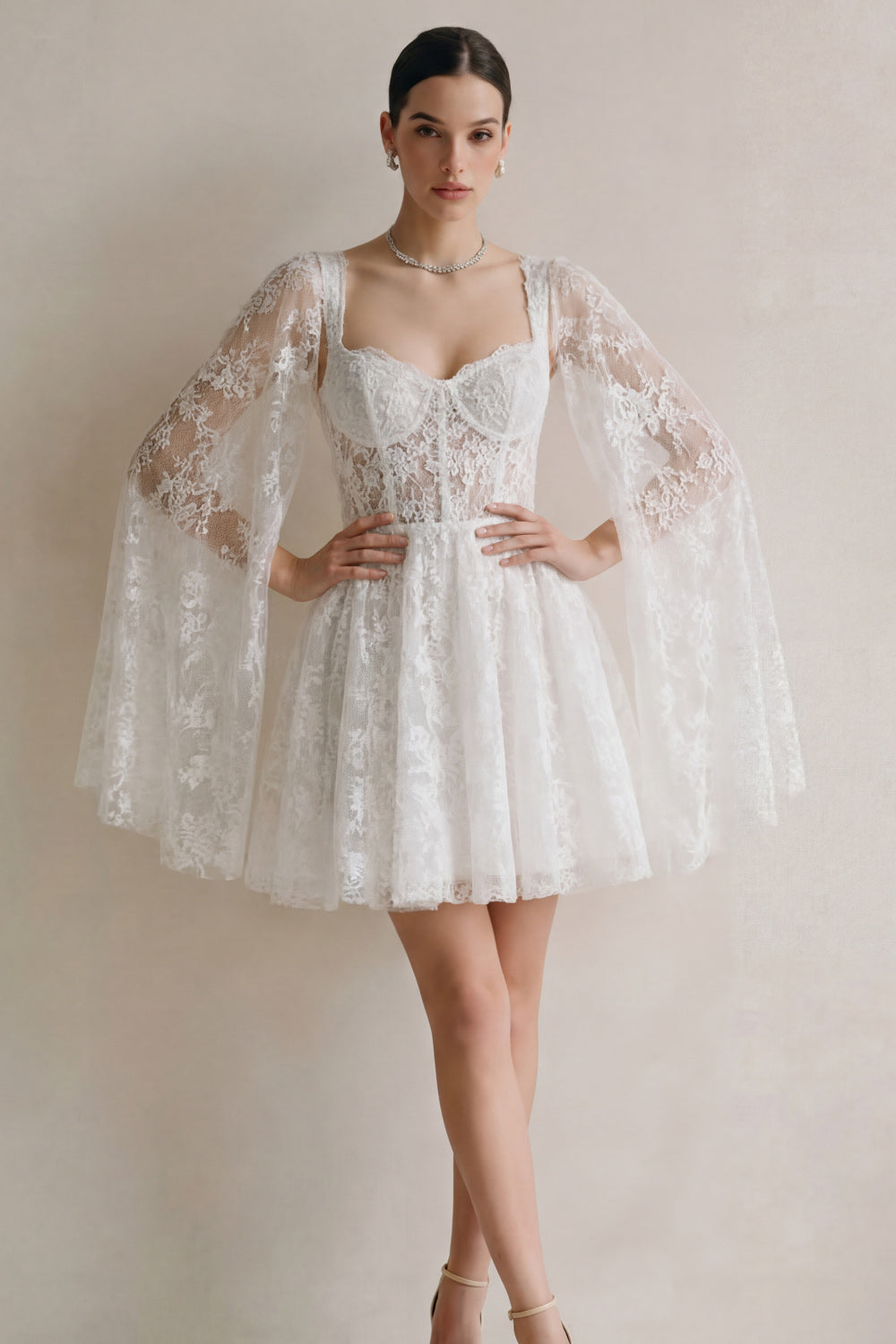 Lace White A Line Corset Short Engagement Dress with Cape