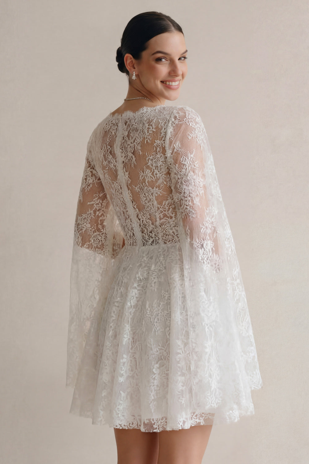 Lace White A Line Corset Short Engagement Dress with Cape