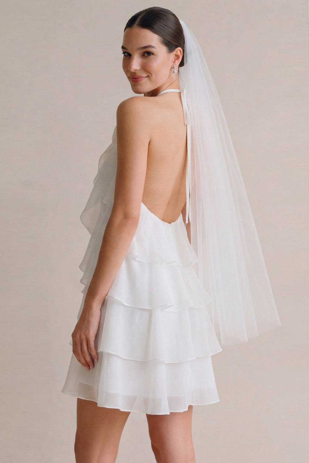 White Halter A Line Ruffled Short Bridal Shower Dress with Flower