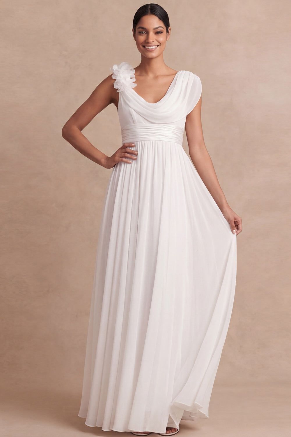 A Line White Pleated Backless Long Engagement Dress