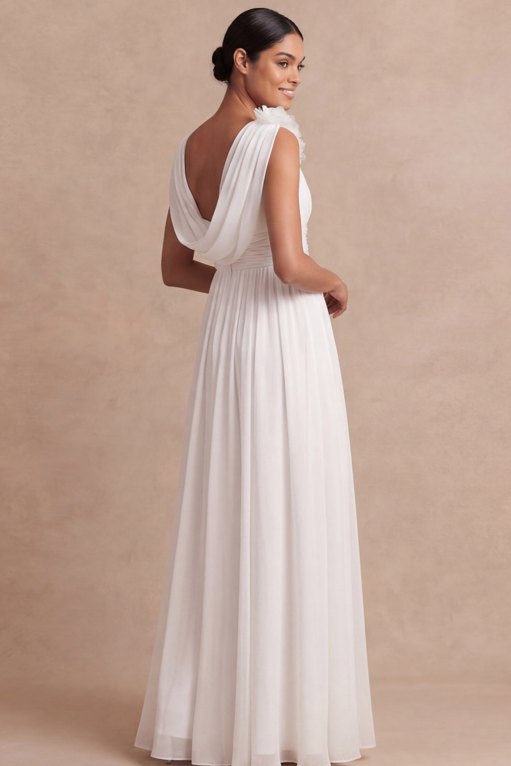 A Line White Pleated Backless Long Engagement Dress