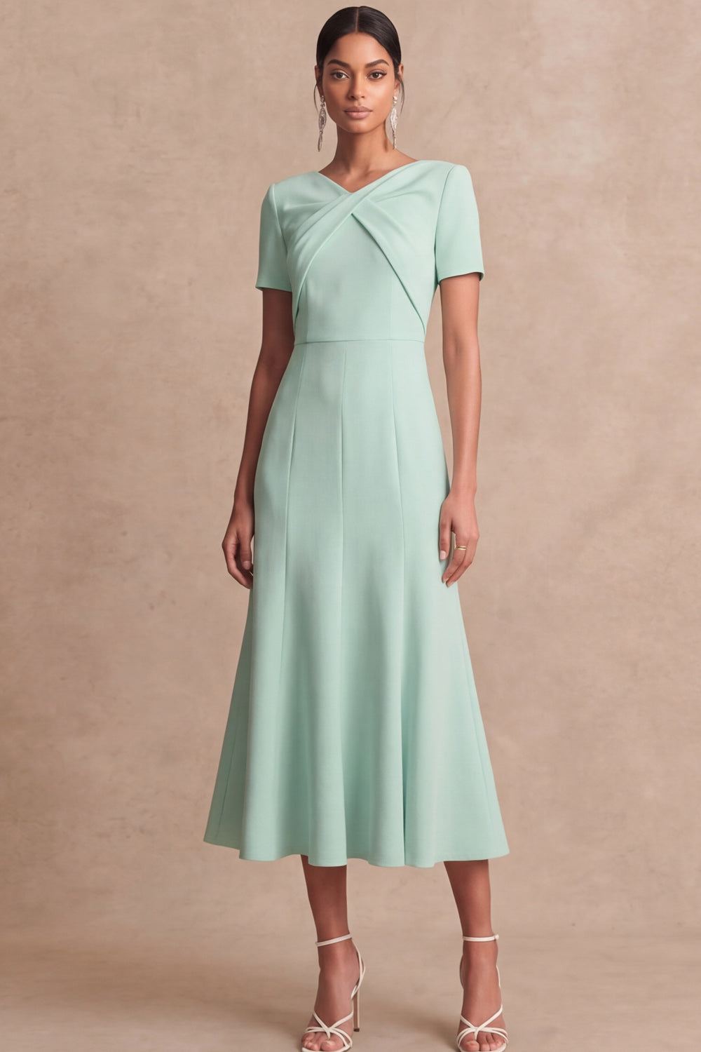 Lake Blue V Neck A Line Short Sleeves Midi Formal Dress