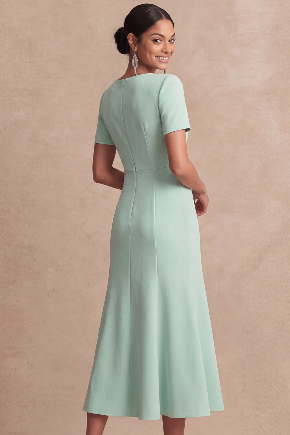 Lake Blue V Neck A Line Short Sleeves Midi Formal Dress