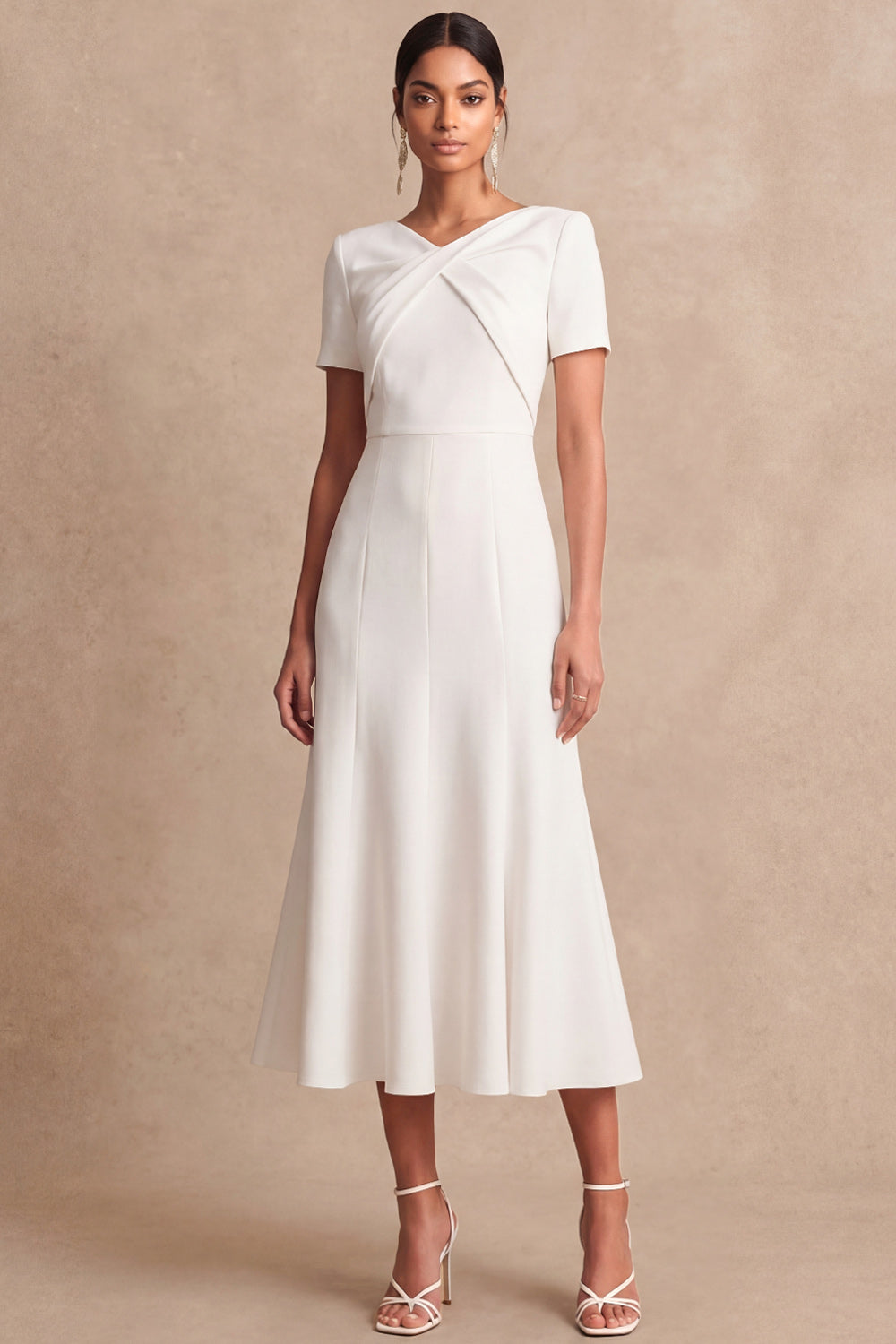 White V Neck A Line Short Sleeves Midi Engagement Dress