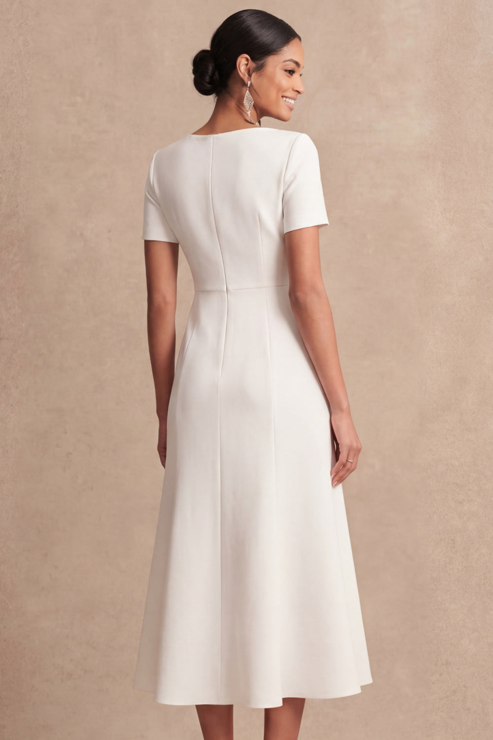 White V Neck A Line Short Sleeves Midi Engagement Dress
