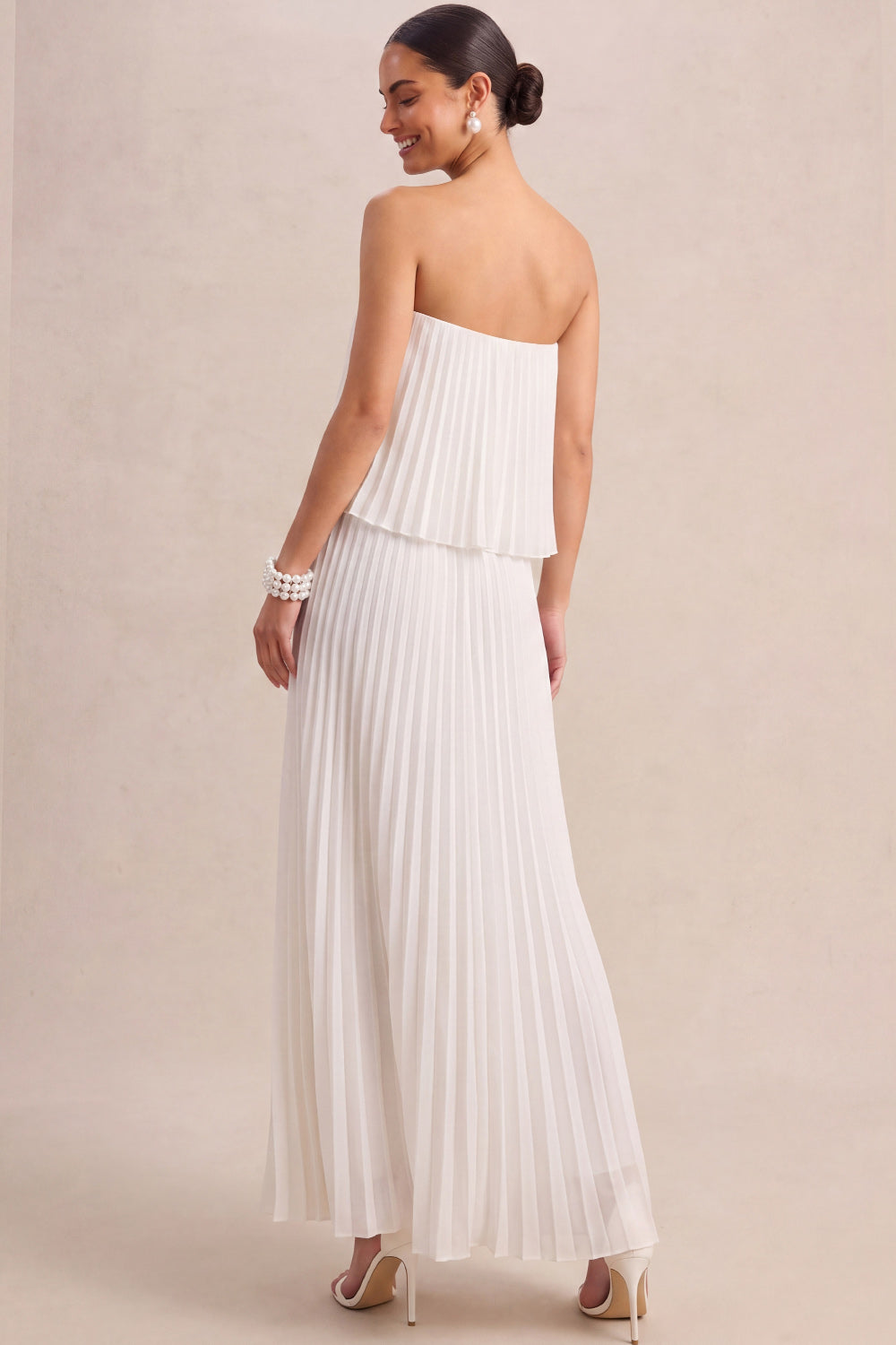 Strapless Pleated A Line Maxi White Engagement Dress