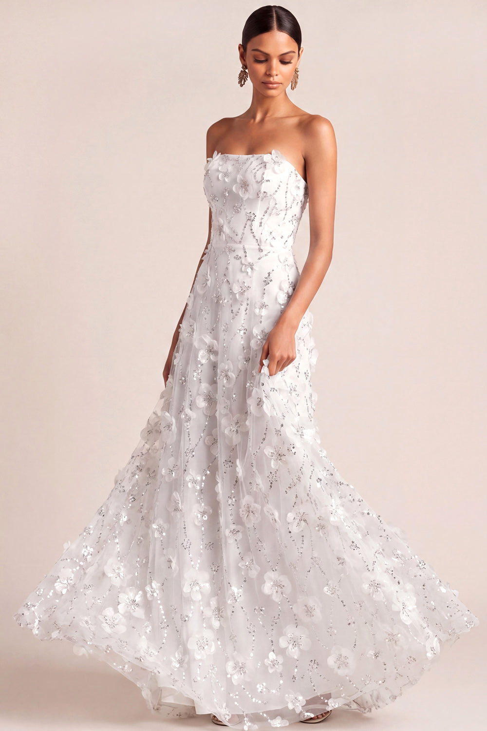 White Floral A Line Appliqued Long Engagement Dress
