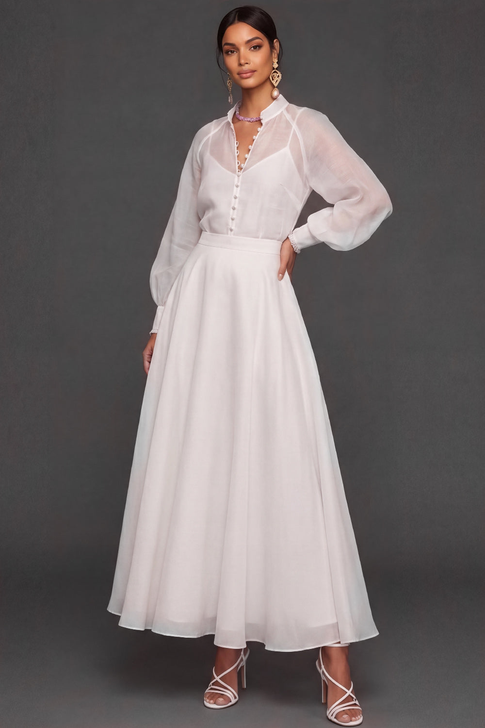 A Line White Long Sleeves Engagement Dress with Buttons