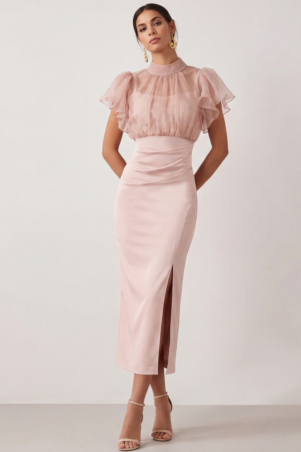 Leely Women Sheath English Rose Midi Wedding Guest Dress with Slit Ruffled Ruched Short Sleeves Evening Dress