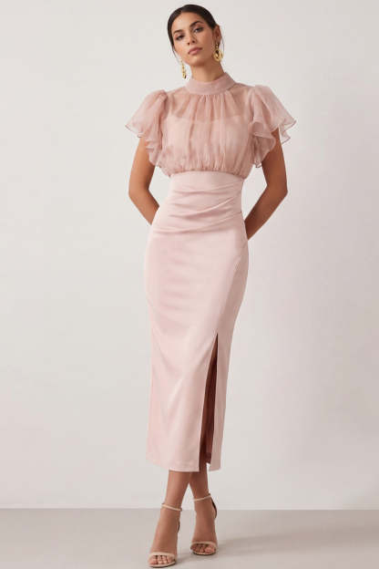 Leely Women Sheath English Rose Midi Wedding Guest Dress with Slit Ruffled Ruched Short Sleeves Evening Dress