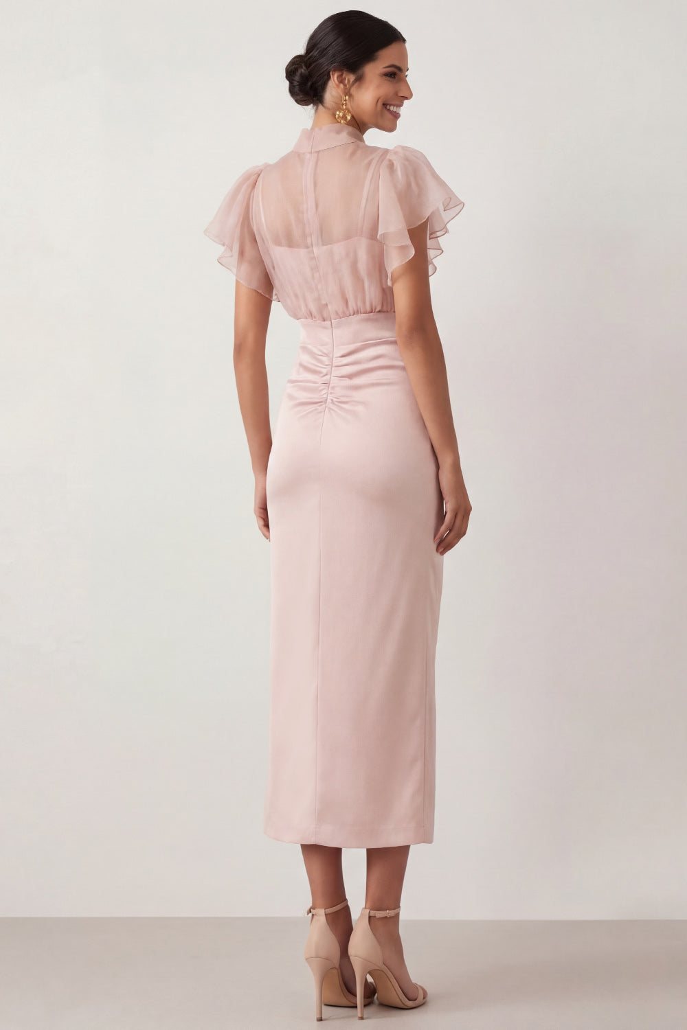 Sheath English Rose Ruffled Ruched Midi Wedding Guest Dress with Slit