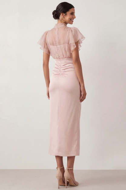 Sheath English Rose Ruffled Ruched Midi Wedding Guest Dress with Slit