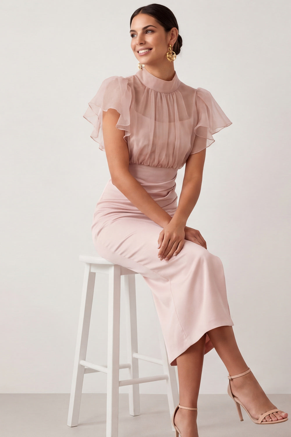 Sheath English Rose Ruffled Ruched Midi Wedding Guest Dress with Slit