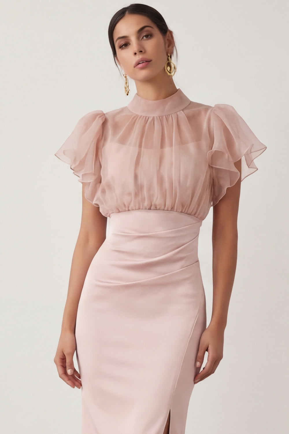 Sheath English Rose Ruffled Ruched Midi Wedding Guest Dress with Slit