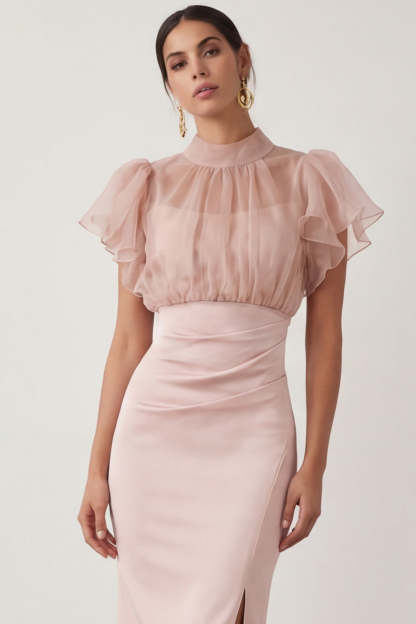 Sheath English Rose Ruffled Ruched Midi Wedding Guest Dress with Slit