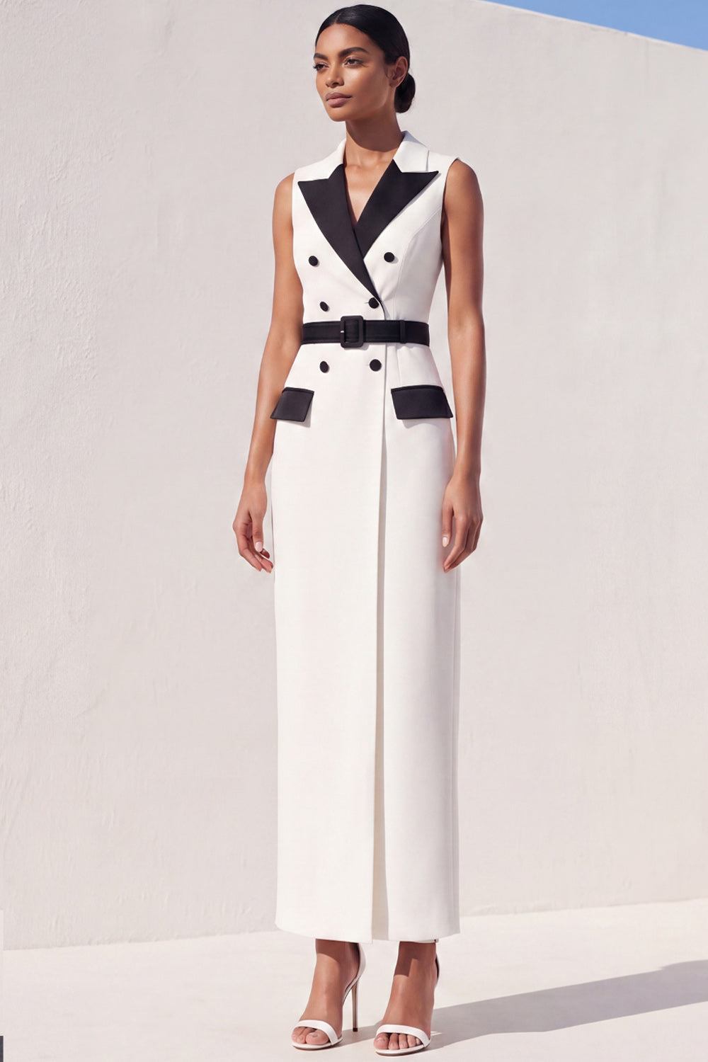 White Peak Lapel Double Breasted Sheath Maxi Blazer Dress